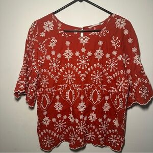 Given Kale Orange Floral Embroidered Bell Scalloped Sleeves Women's Top Size M